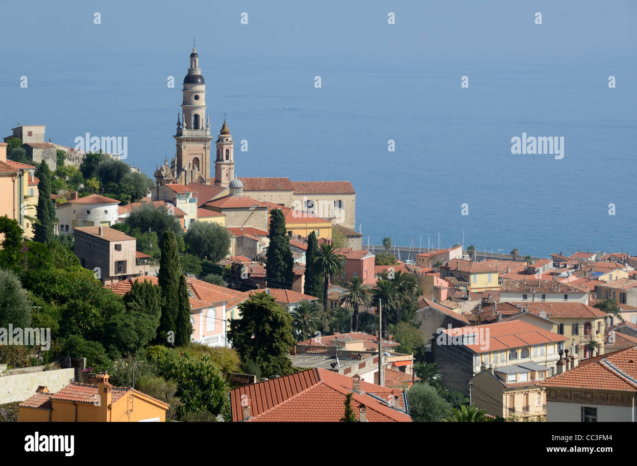 View over the Rooftops of Menton Old Town or Historic District and the Cathedral of Saint Michel Menton Alpes-Maritimes France Stock Photo
