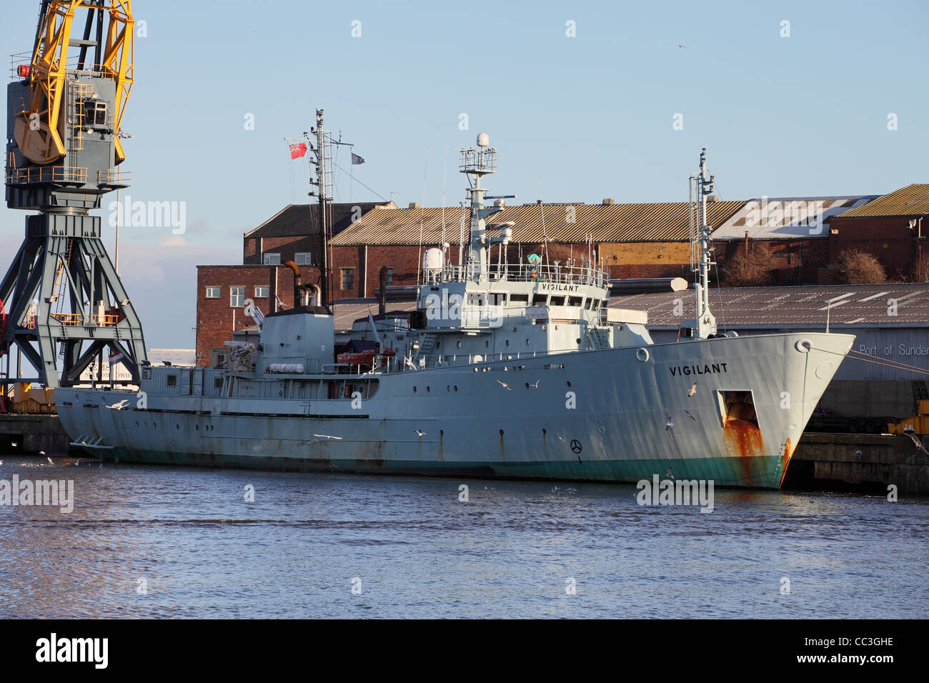 Ex fishery protection Vessel Vigilant docked on the river Wear at Hendon, Port of Sunderland Stock Photo