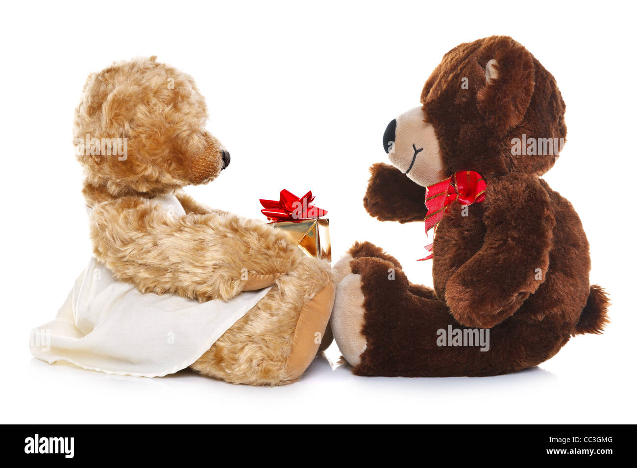 Photo of a boy teddy bear giving a girl teddy a gift, isolated on a white background. Stock Photo