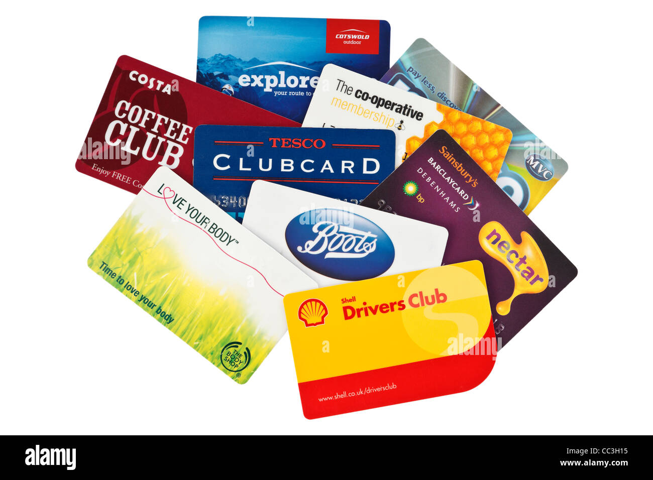 An assortment of UK loyalty cards for supermarkets, Boots, Body Shop, Costa and Shell petrol isolated cutout on white. England Stock Photo