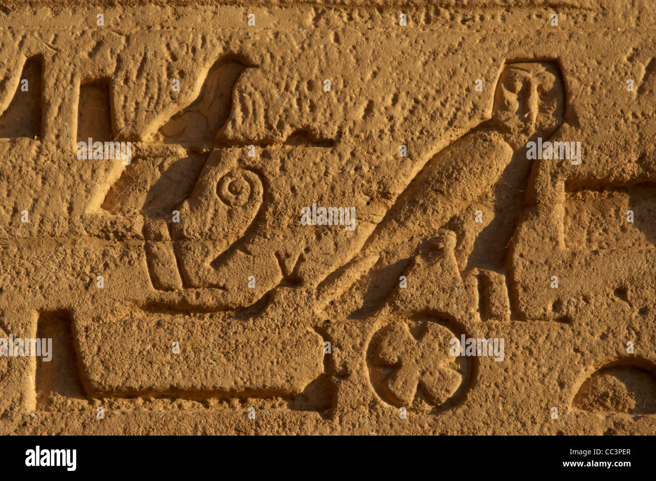Egyptian Art. Hieroglyphs carved into the rock. Temples of Abu Simbel. 19th Dynasty. New Kingdom. Egypt. Stock Photo