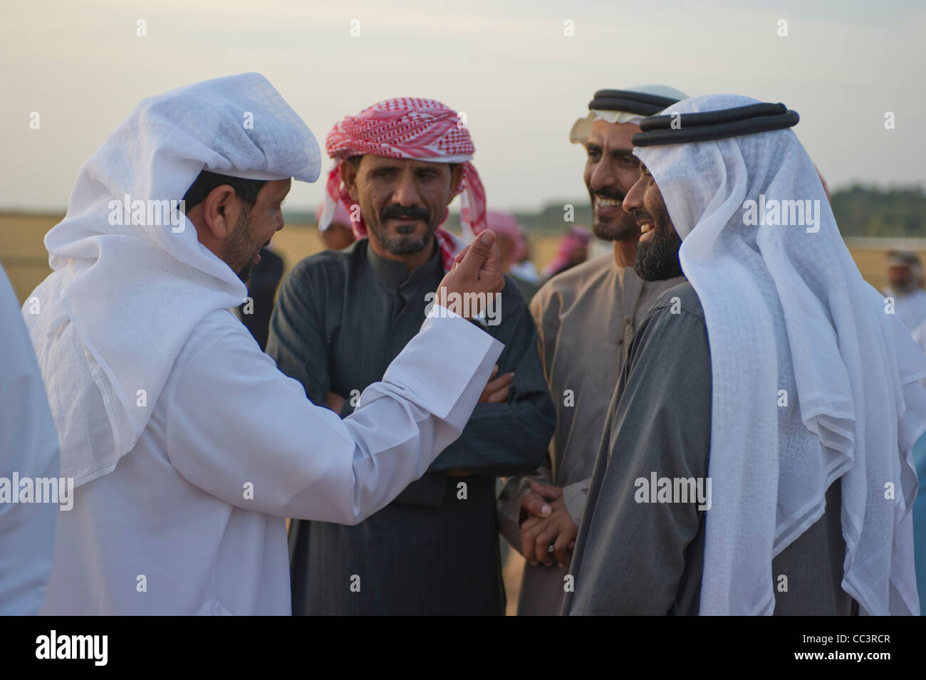 Four Arabic men having a conversation at a Camel breeding facility in Abu dhabi Stock Photo