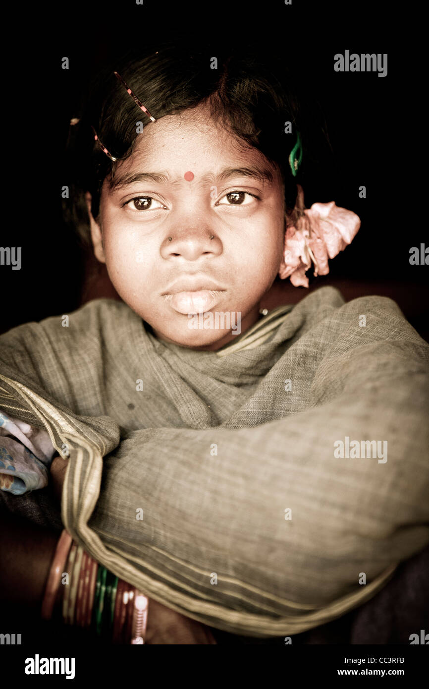 Portrait of a young girl at the Desia Kondh tribal village of Madhlibad near Rayagada in Orissa, Eastern India. Stock Photo