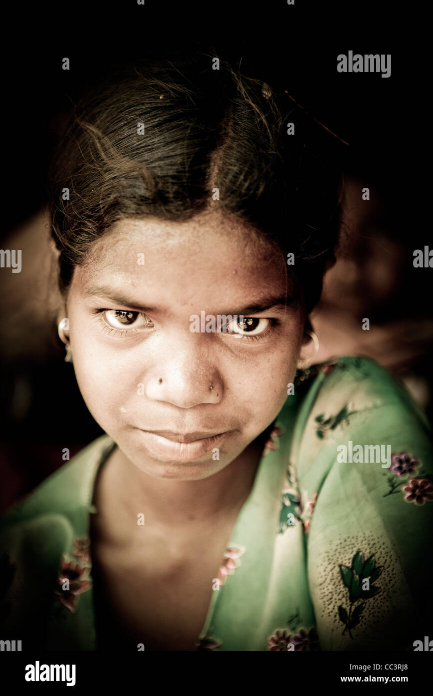 Portrait of a young girl at the Desia Kondh tribal village of Madhlibad near Rayagada in Orissa, Eastern India. Stock Photo