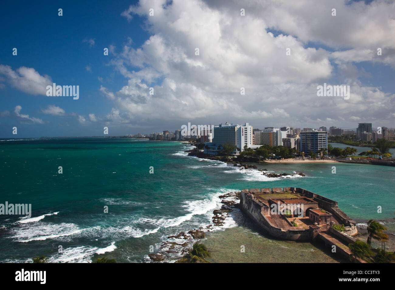 Puerto Rico, San Juan, elevated view of Condado hotels and Fuerte San