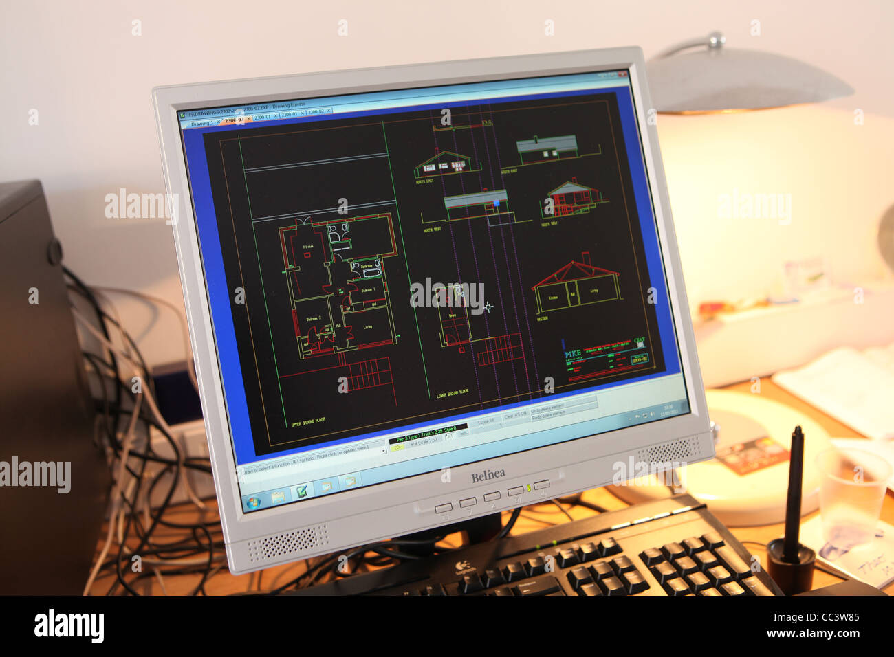 ARCHITECTS MONITOR WITH CAD PLAN OF A BUILDING Stock Photo