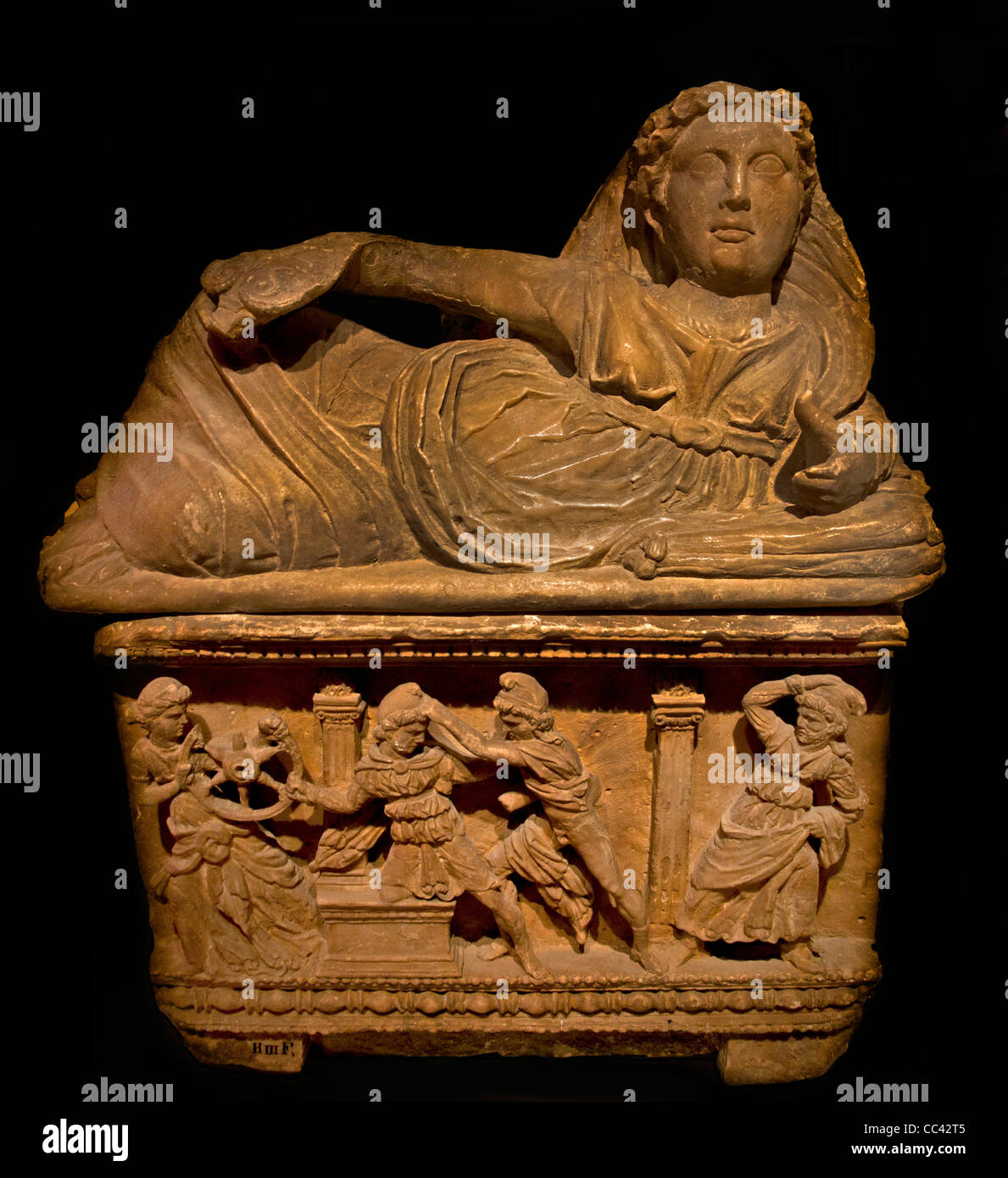 Sarcophagus Etruscan woman Italy Etruria 200 BC bottom left Odysseus as a beggar sees his wife Penelope men trying to abduct her Stock Photo