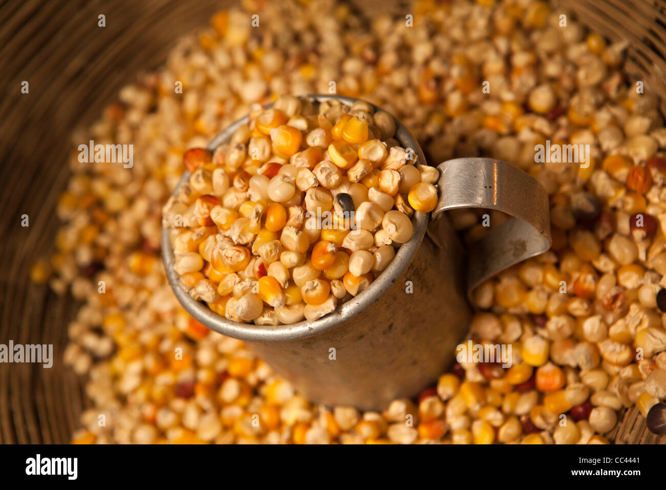 India, Arunachal Pradesh, Itanagar, Nagarlgun Market, metal cup measure full of dried maize Stock Photo