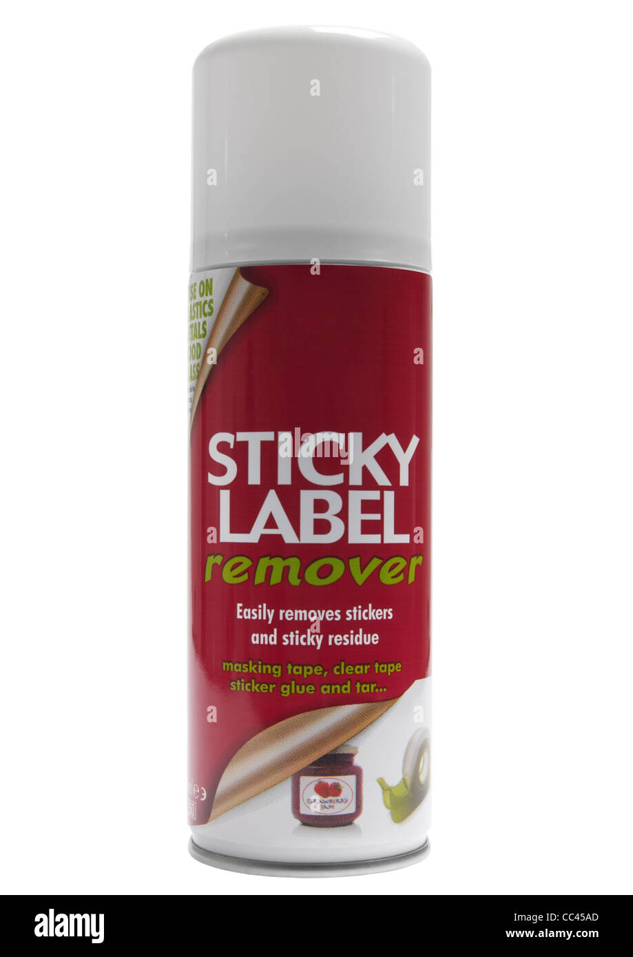Can of sticky label remover on white background Stock Photo - Alamy
