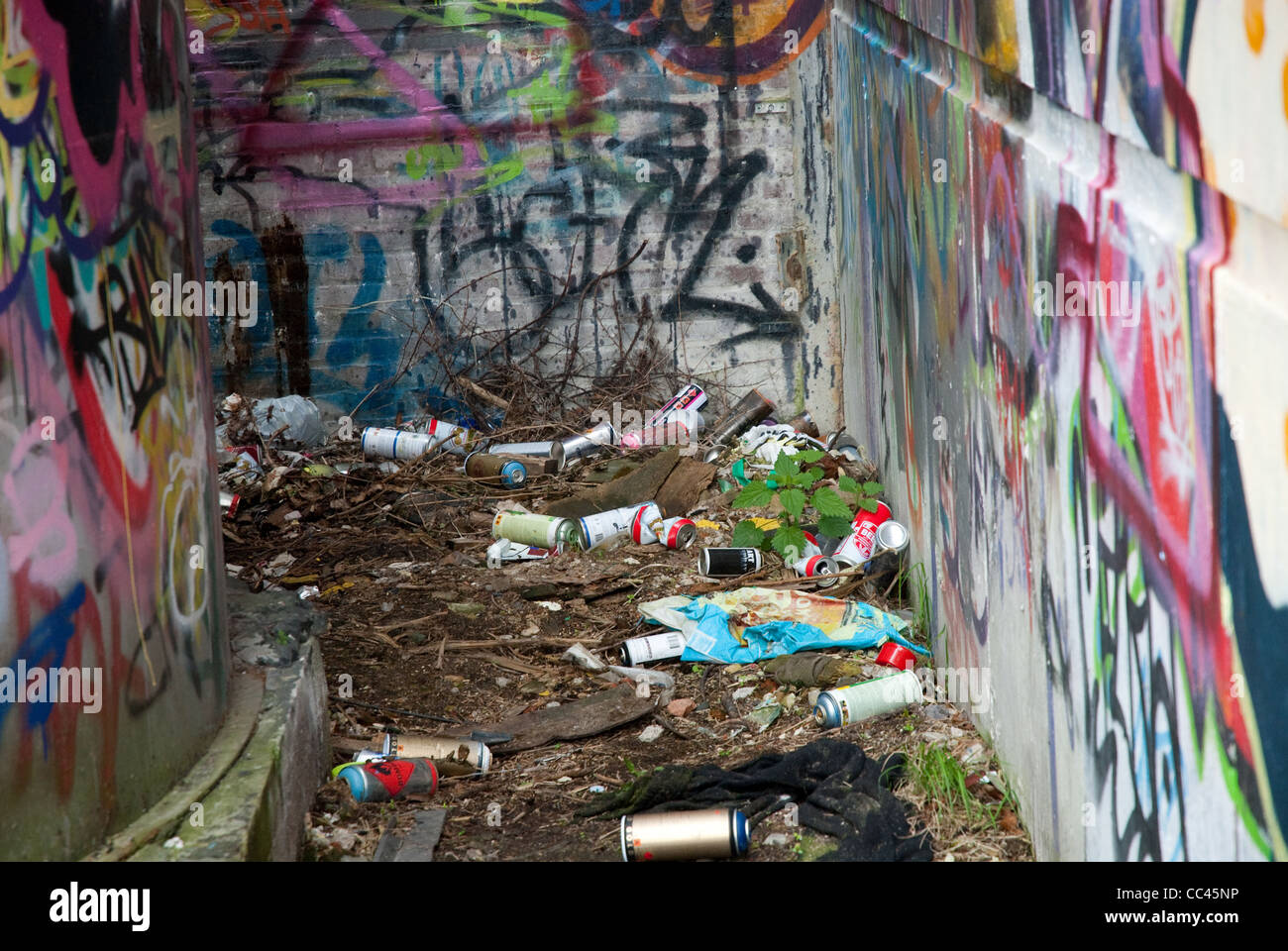 Detritus of graffiti and drugs Stock Photo