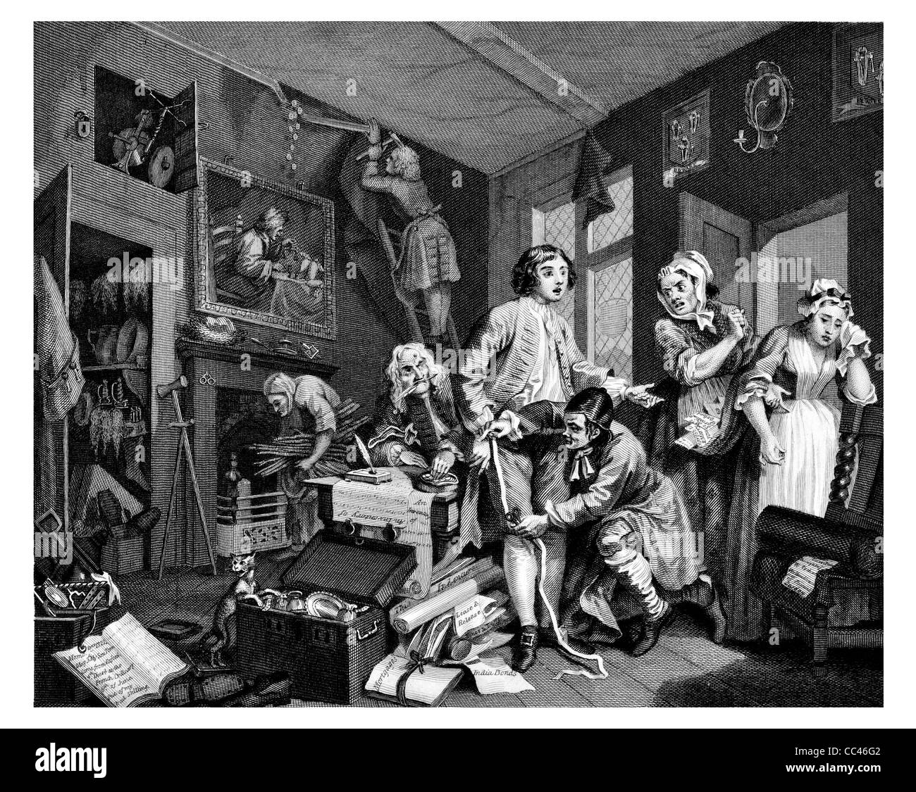 Hogarth the Rake's progress servant mourning mourn inheritance pregnancy woman living room letters fire place Taylor Stock Photo