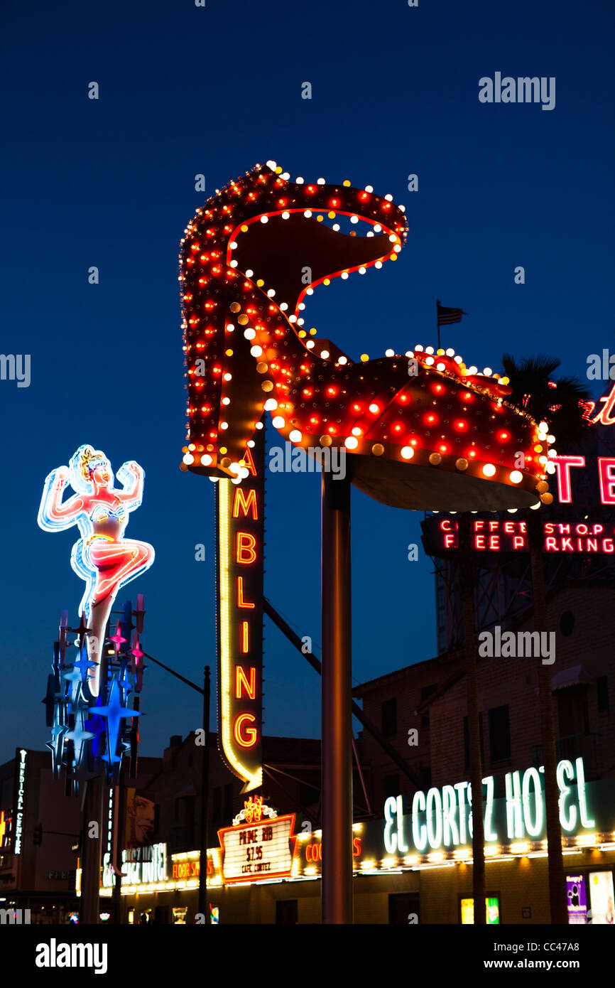 USA, Nevada, Las Vegas, Downtown, Fremont Street East, old neon signs, evening Stock Photo