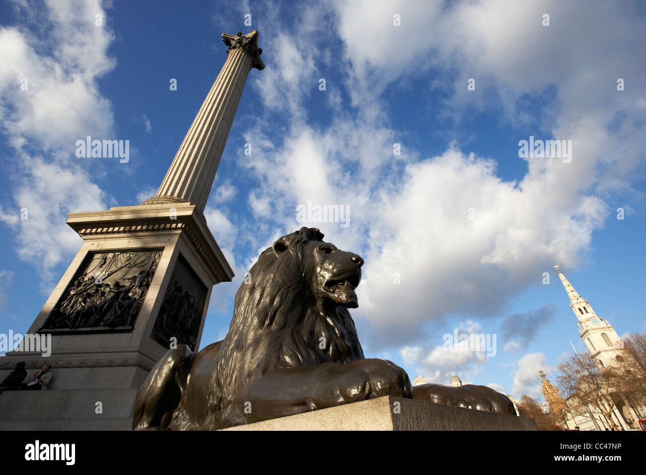 nelsons column and lion inTrafalgar Square London England UK United kingdom Stock Photo