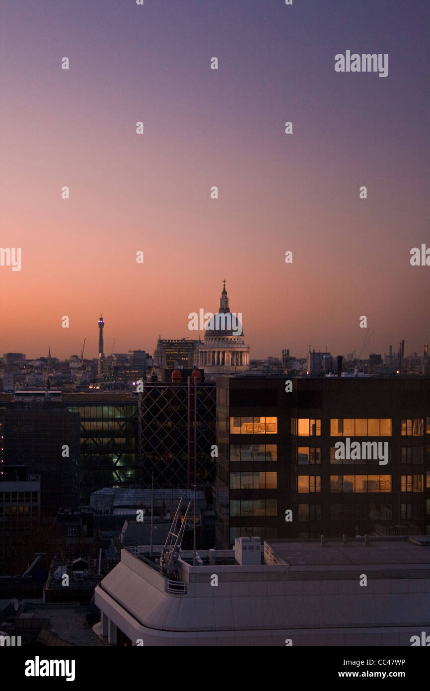 A view of St Pauls Cathedral at Dusk from The Monument. Stock Photo