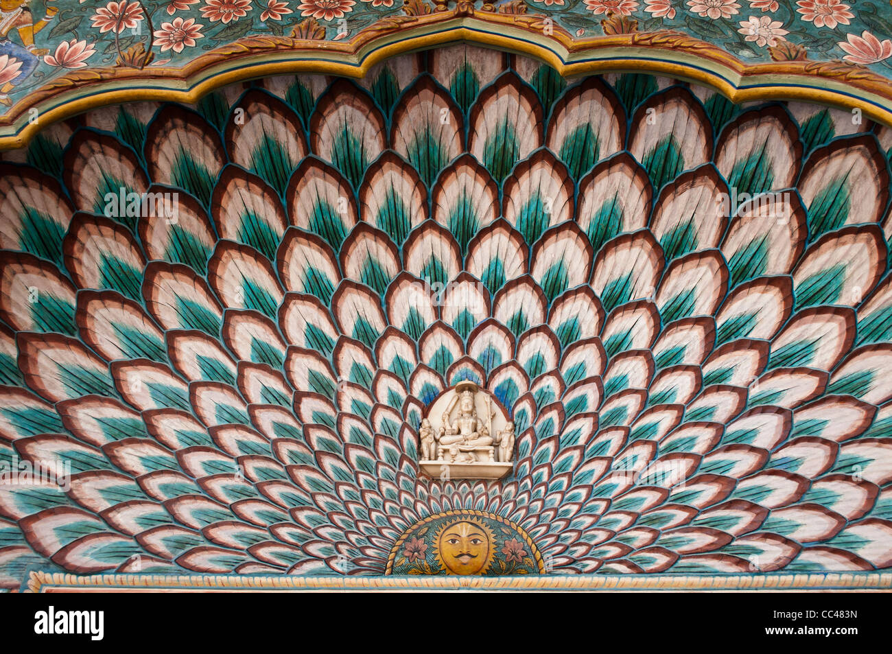 Decoration above the door, Peacock Courtyard or Pritam Niwas Chowk, City Palace, Jaipur, India Stock Photo