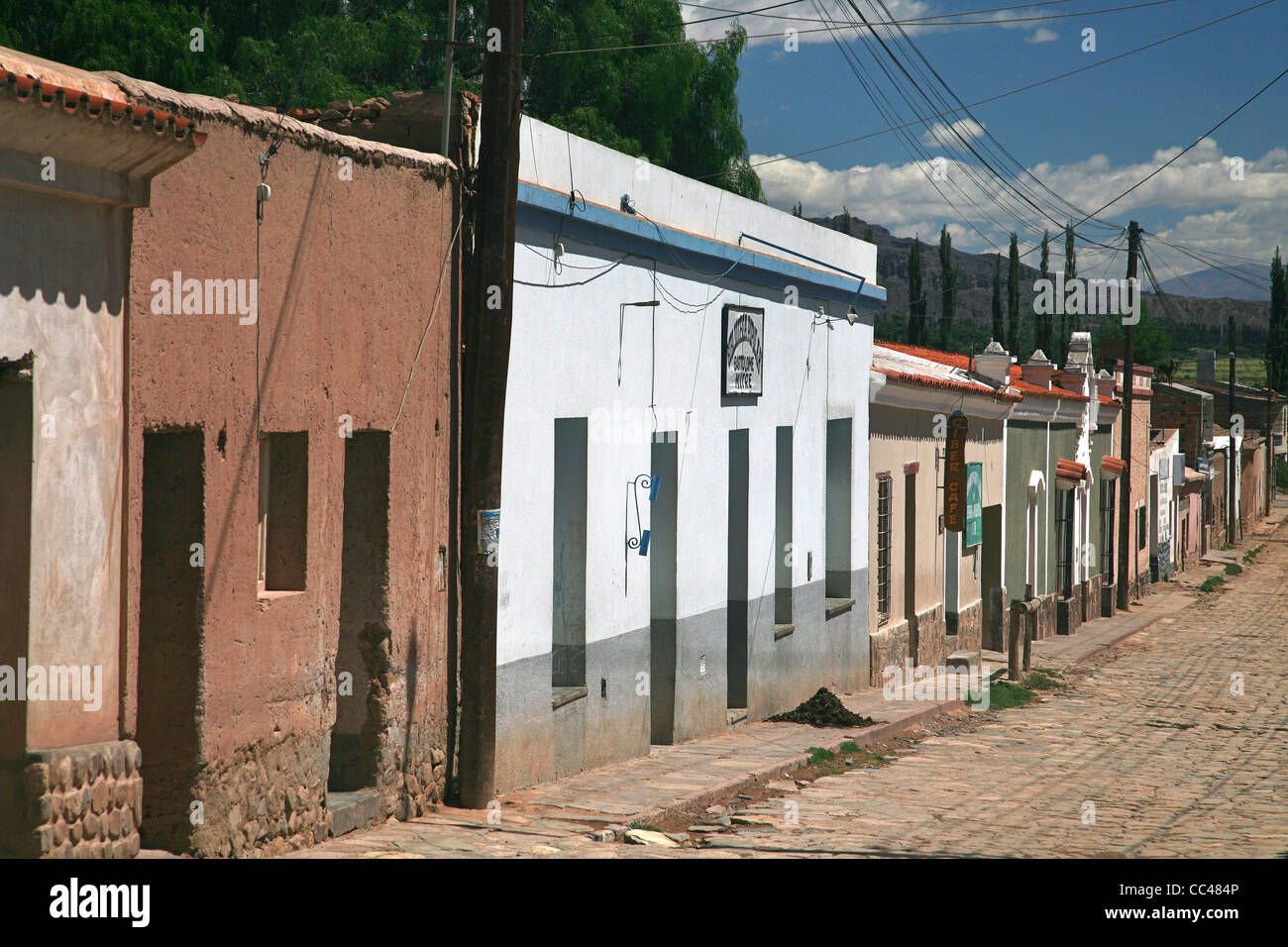 Paved street and houses in the village Tilcara, Jujuy province, Argentina Stock Photo