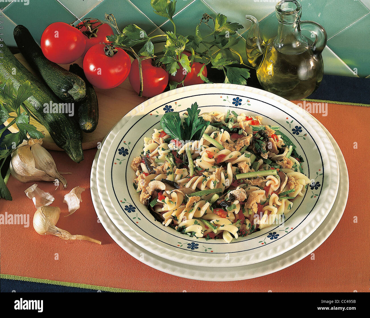 Kitchen: Fusilli With Tuna Sauce And Mushrooms Stock Photo