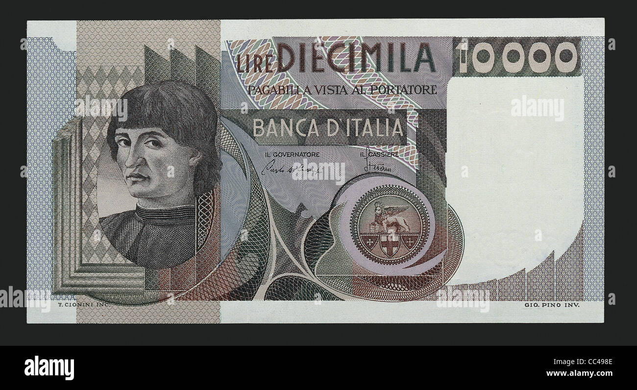 Coins, Italy Twentieth Century. 0,000 Lire Banknote, Like Niccolo Machiavelli. Recto. Stock Photo