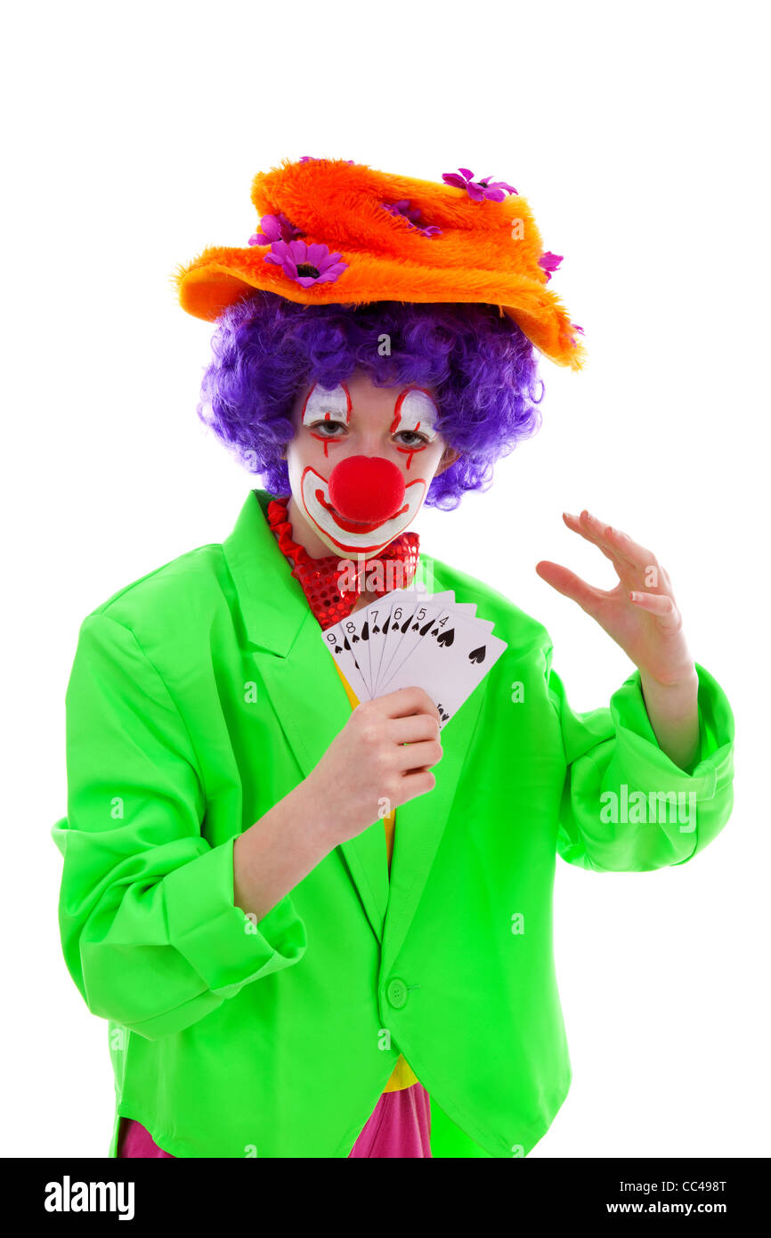 Girl Clown and magical cards over white background Stock Photo