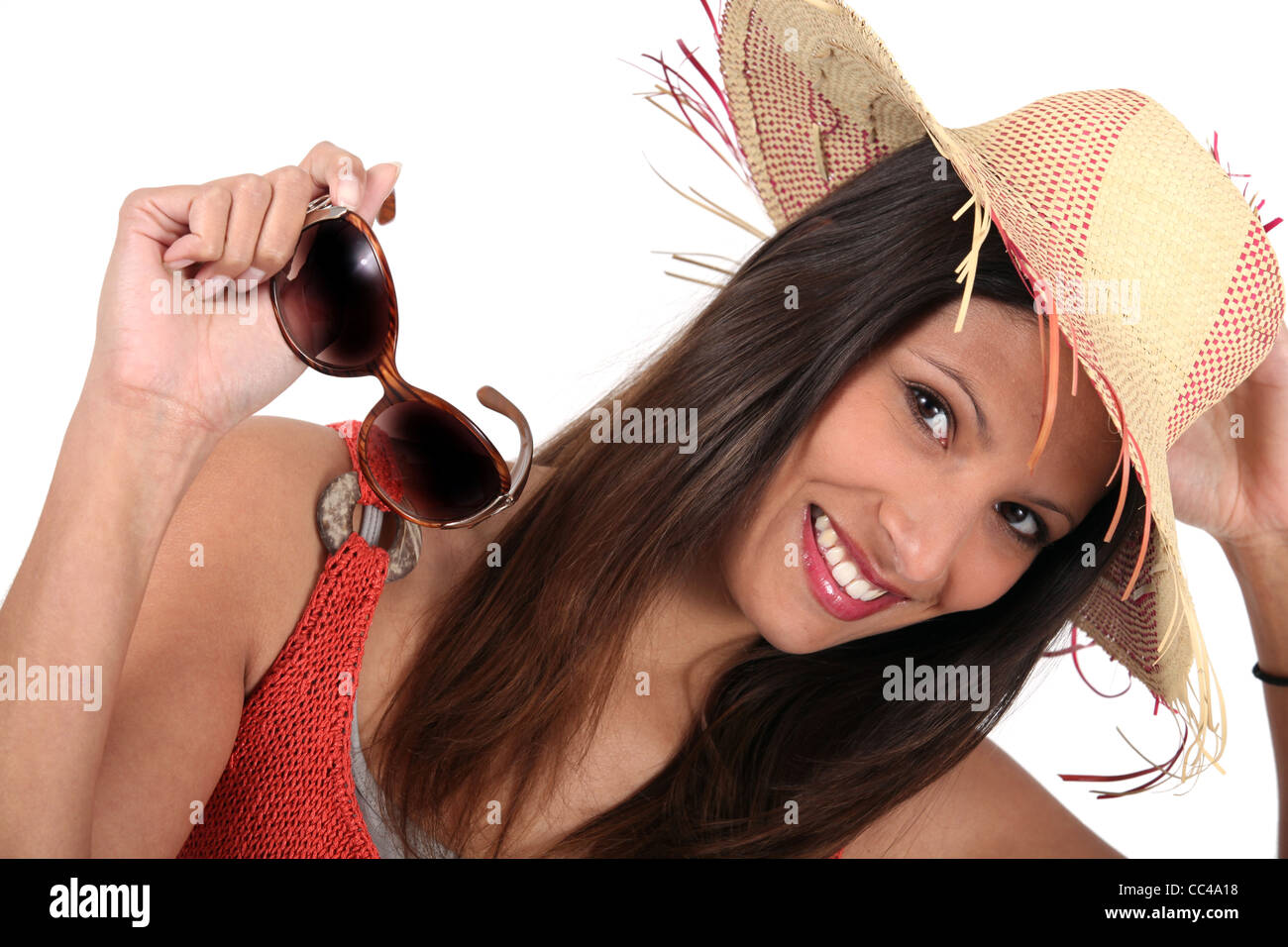 brunette with sunhat and sunglasses, Stock Photo