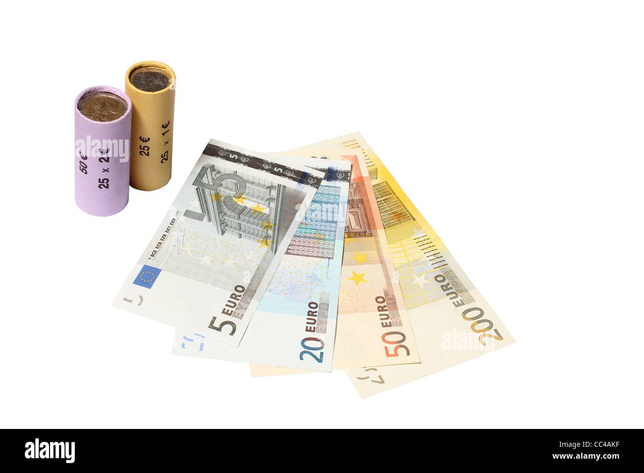Two Packed coin rolls with bank notes Stock Photo Alamy