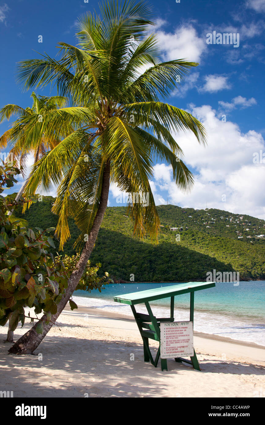Life Guard stand, Palm trees and white sandy beach at Megan's Bay on St. Thomas, US Virgin Islands Stock Photo