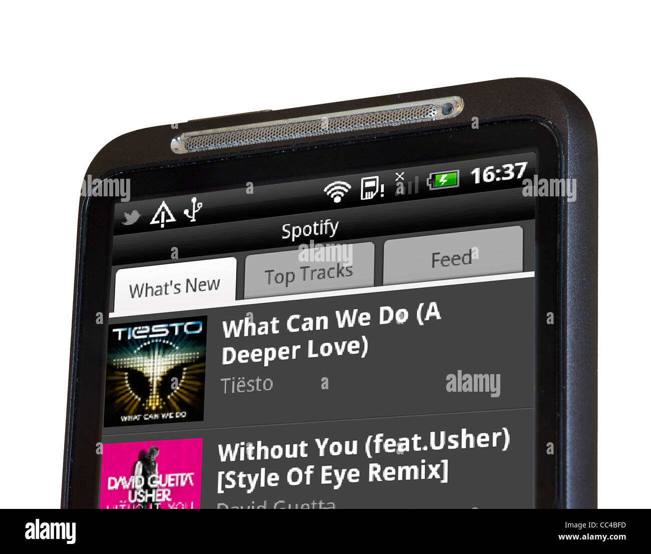 The internet music site Spotify on an HTC smartphone Stock Photo