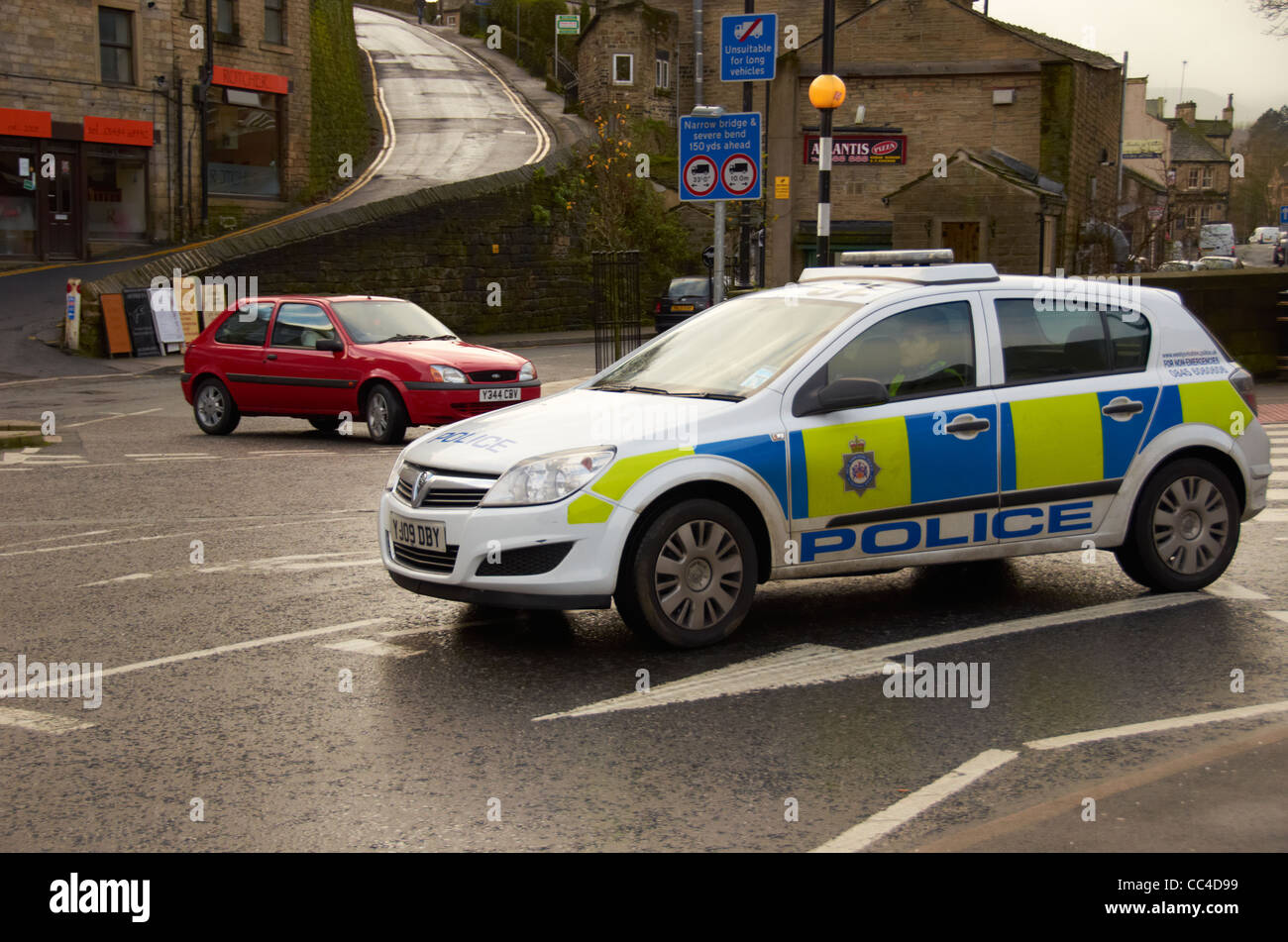 Police car on the street in Holmfirth. Stock Photo