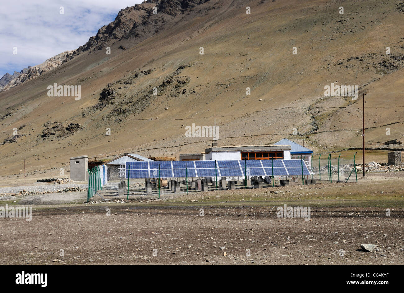 A government built rack of solar panels in the village of Rangdum in Zanscar. Rangdum, Zanscar, Ladakh. India. Stock Photo