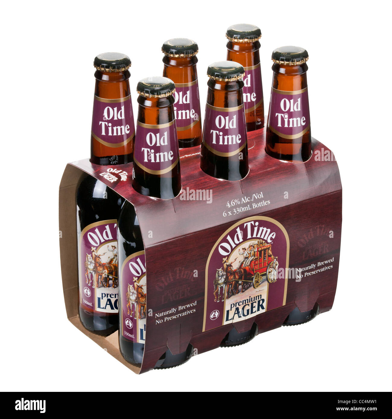 six pack box Australian micro brewery beer old time larger isolated against white background, studio shot at an angle. Stock Photo