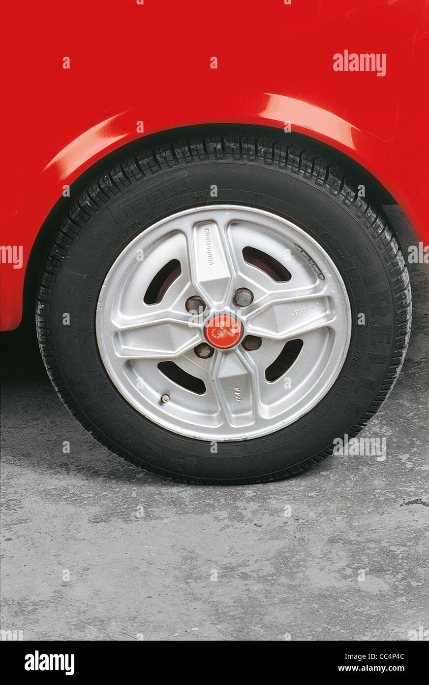 Cars Twentieth Century Italy. Auto Autobianchi A112 Abarth 58 Hp. Year 1974. Detail Of The Rear Wheel With Alloy Rim Stock Photo