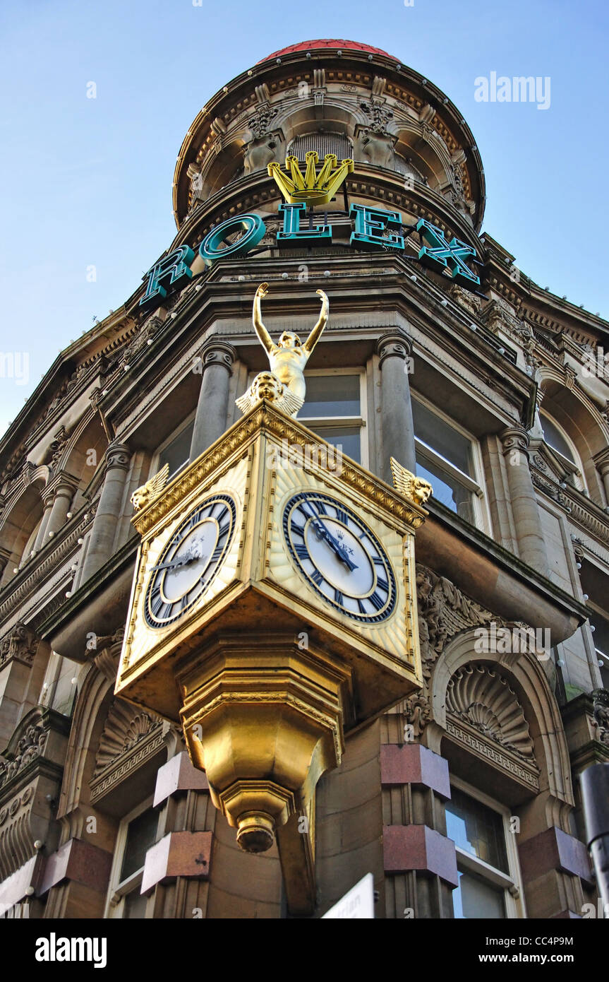 Ornate clock and Rolex sign, Blackett Street, Grainger Town, Newcastle upon Tyne, Tyne and Wear, England, United Kingdom Stock Photo