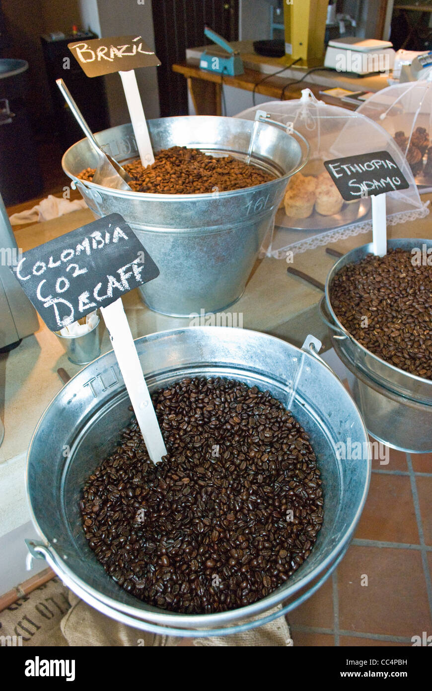 Coffee beans on display in coffee shop Stock Photo Alamy