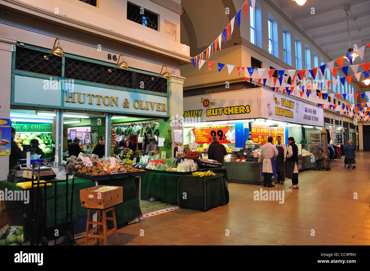 Food stalls Grainger Indoor Market, Grainger Town, Newcastle upon Tyne, Tyne and Wear, England, United Kingdom Stock Photo