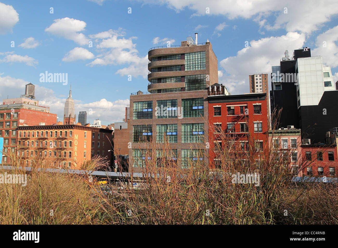 A view of Chelsea buildings, from High Line Park in New York City Stock Photo