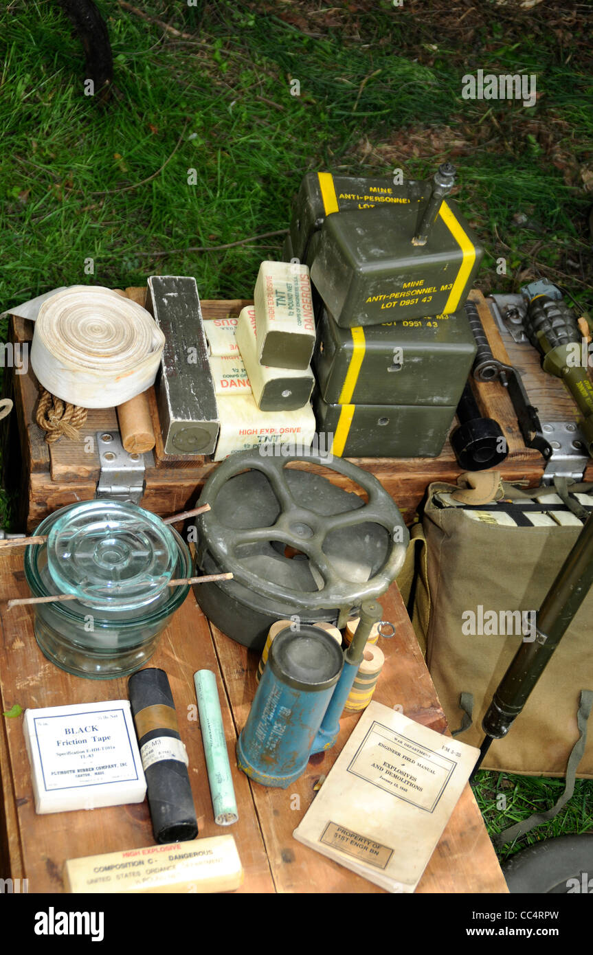 mines, booby traps  and explosives used in war on display  at a reenactment in Glendale, Maryland Stock Photo