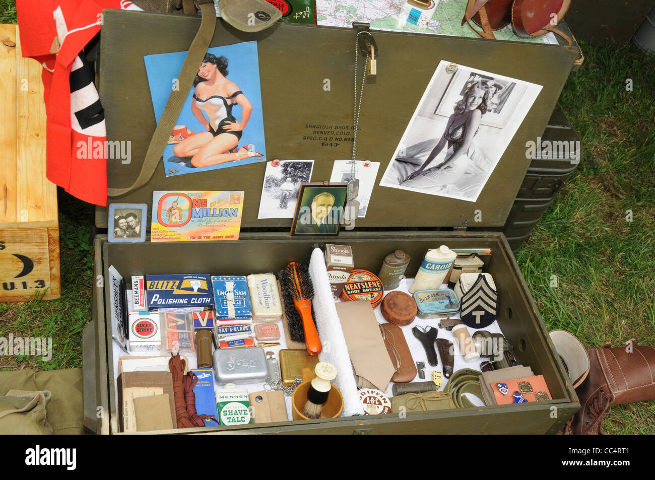 A WWII GI's  trunk and contents during WWII Stock Photo