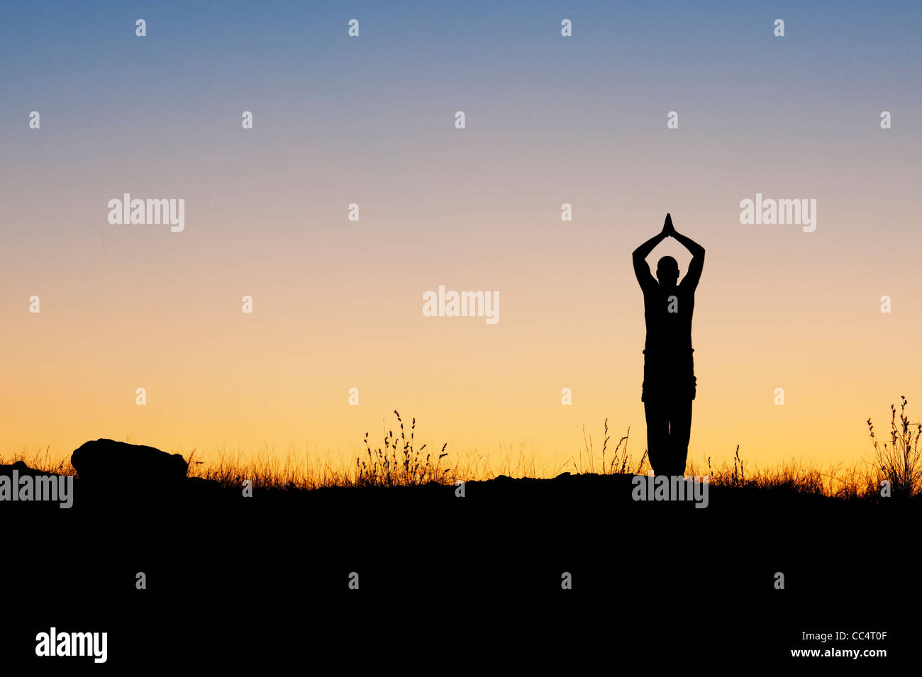 Man offering prayers in the indian countryside at dawn. Silhouette. India Stock Photo