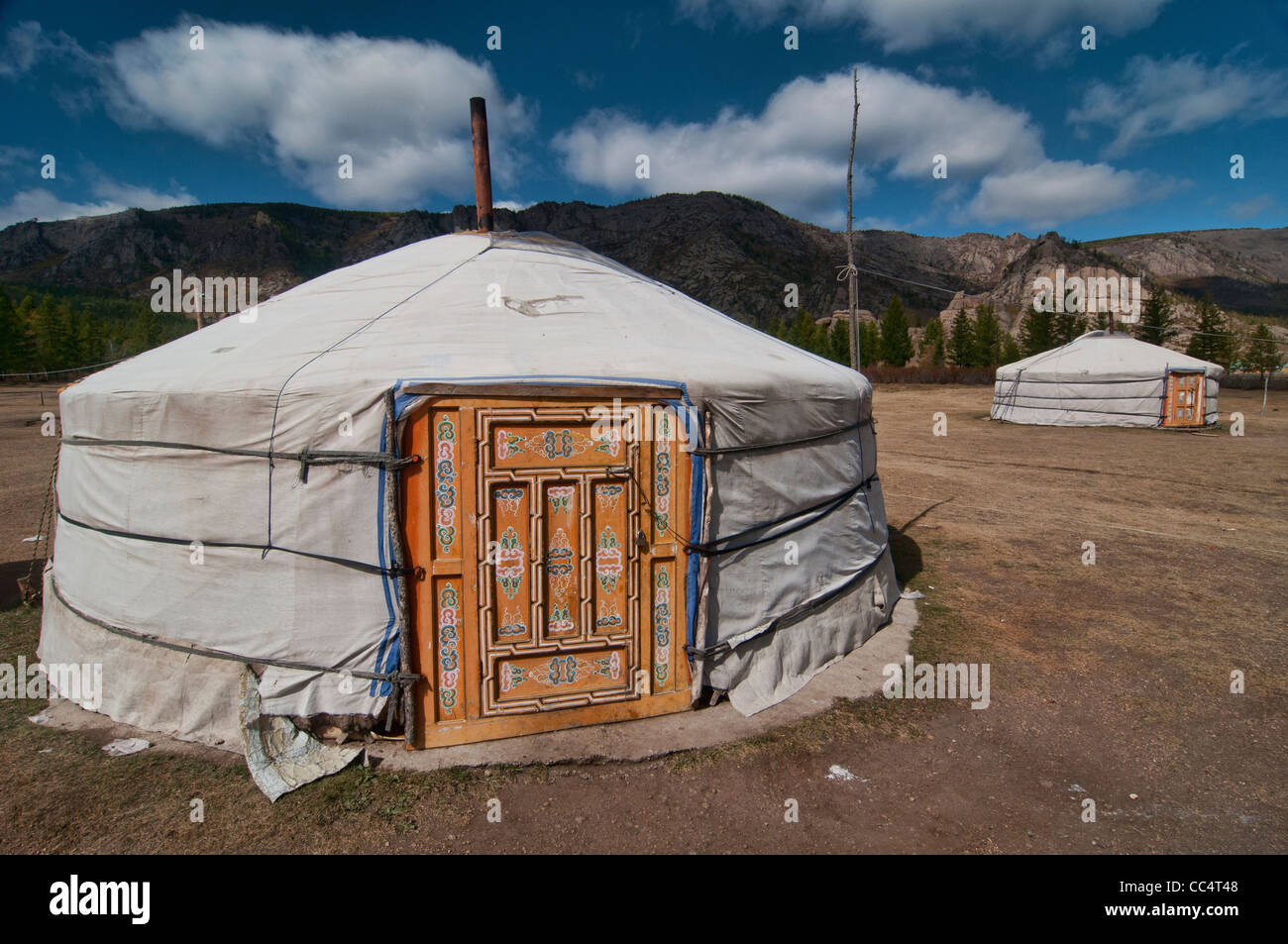 nomadic gers (yurts) on the steppe in Terelj National Park in Mongolia Stock Photo