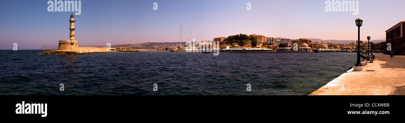 Panoramic view of the old port of Chania in Crete island, Greece. Stock Photo