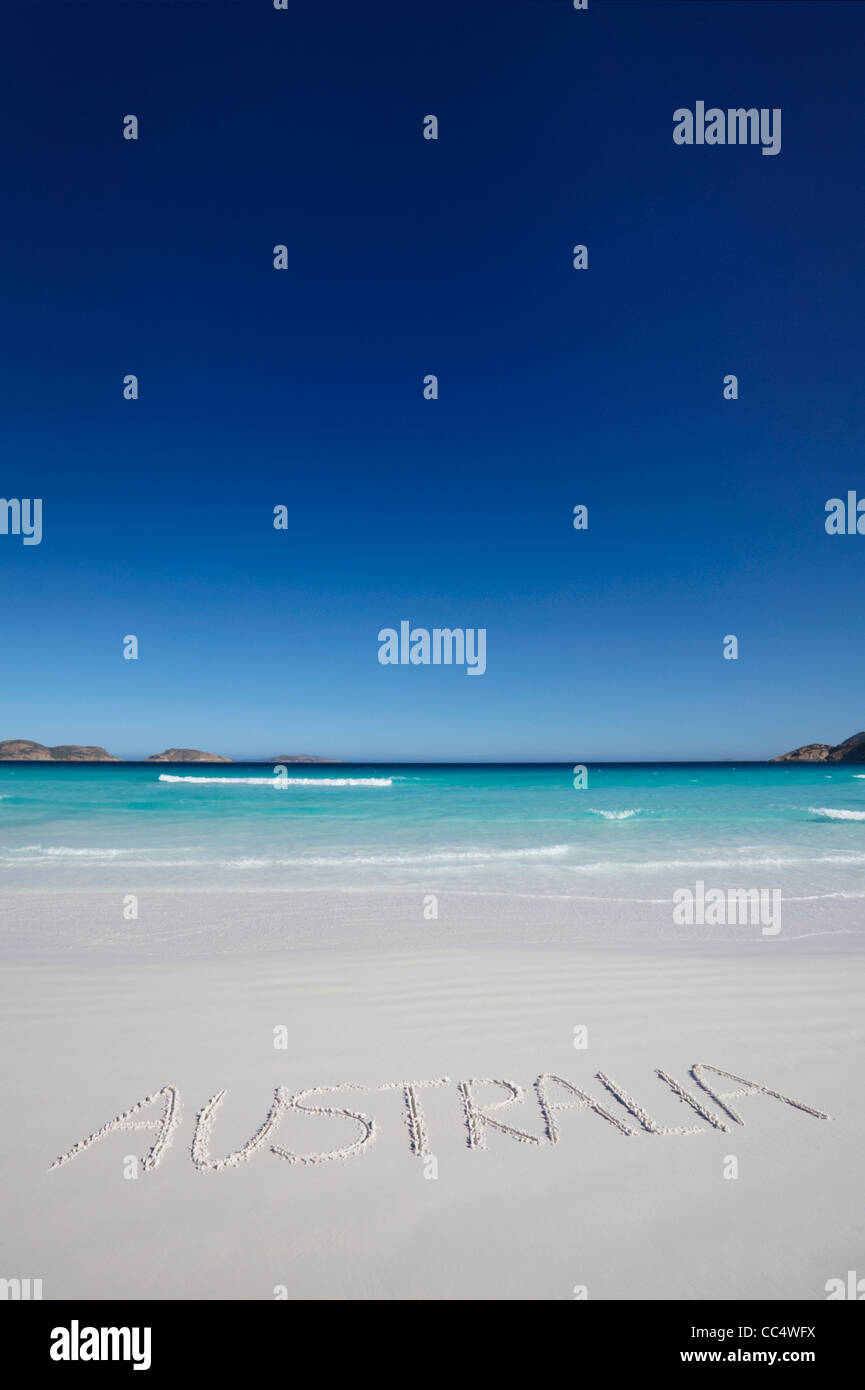 Australia written in sand, Lucky Bay, Cape Le Grand National Park, Western Australia, Australia Stock Photo