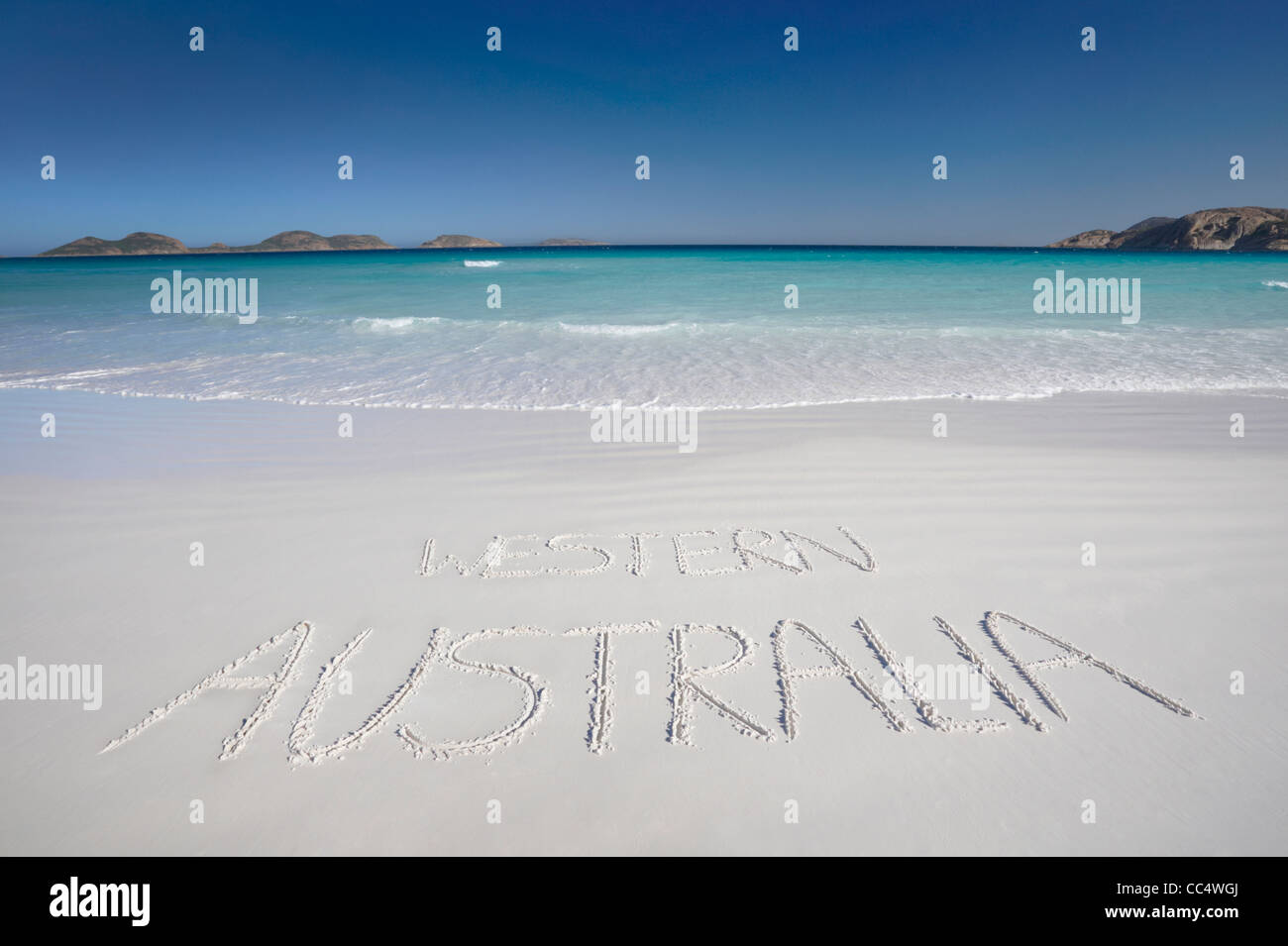 Western Australia written in sand, Lucky Bay, Cape Le Grand National Park, Western Australia, Australia Stock Photo