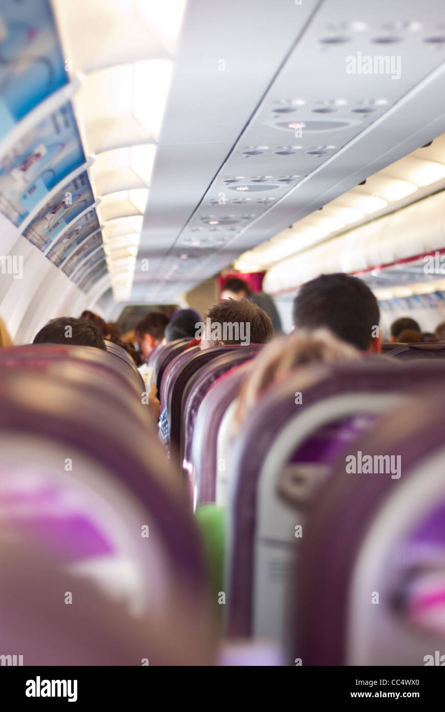 Passagers sitting on their chairs in airplane cabin Stock Photo Alamy
