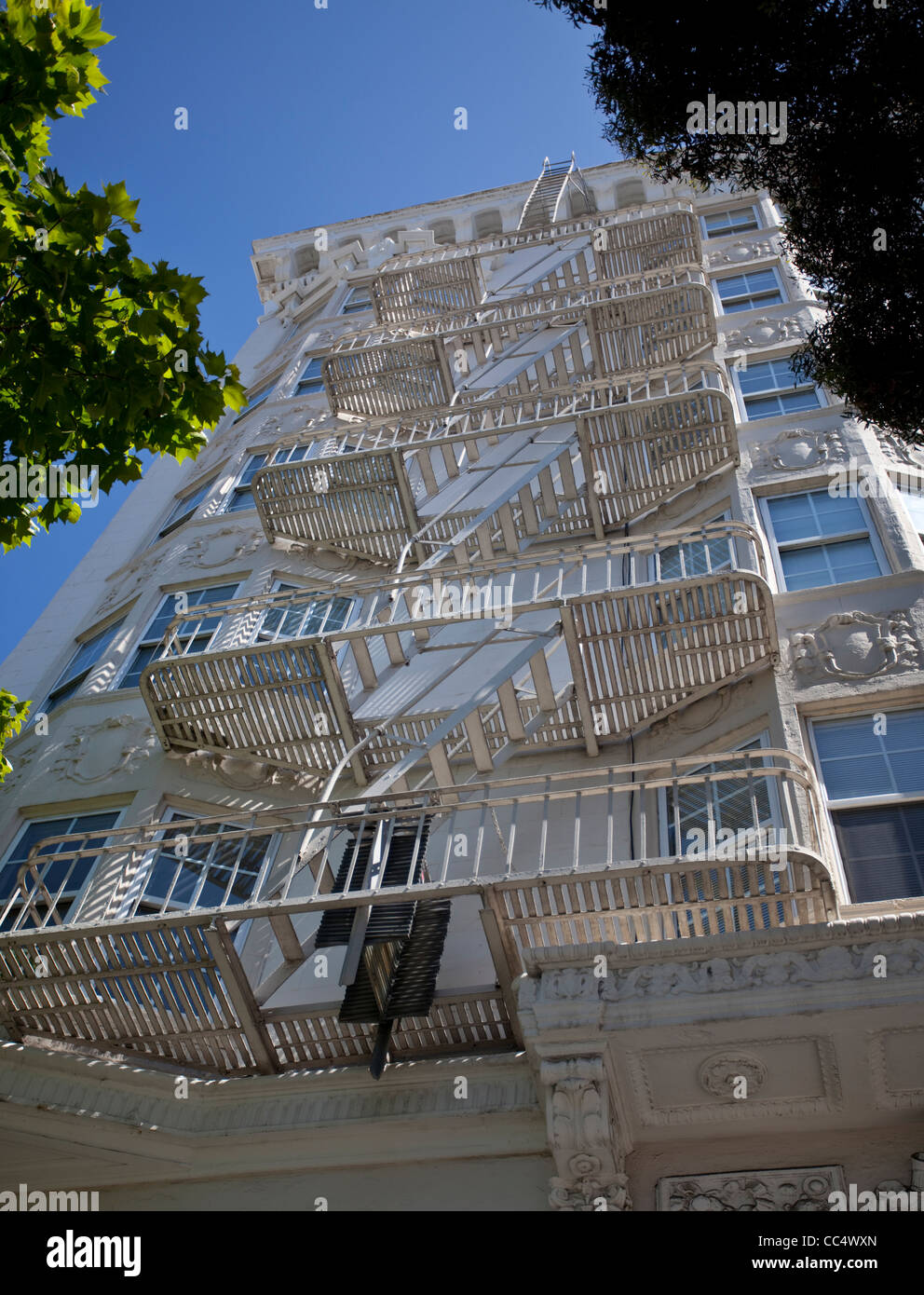Fire escape stairs on a building, San Francisco, California, USA. Stock Photo