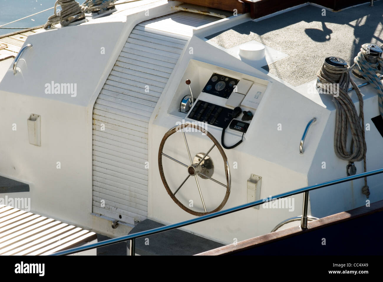 Close up of the bridge, Control station of a yacht. Stock Photo
