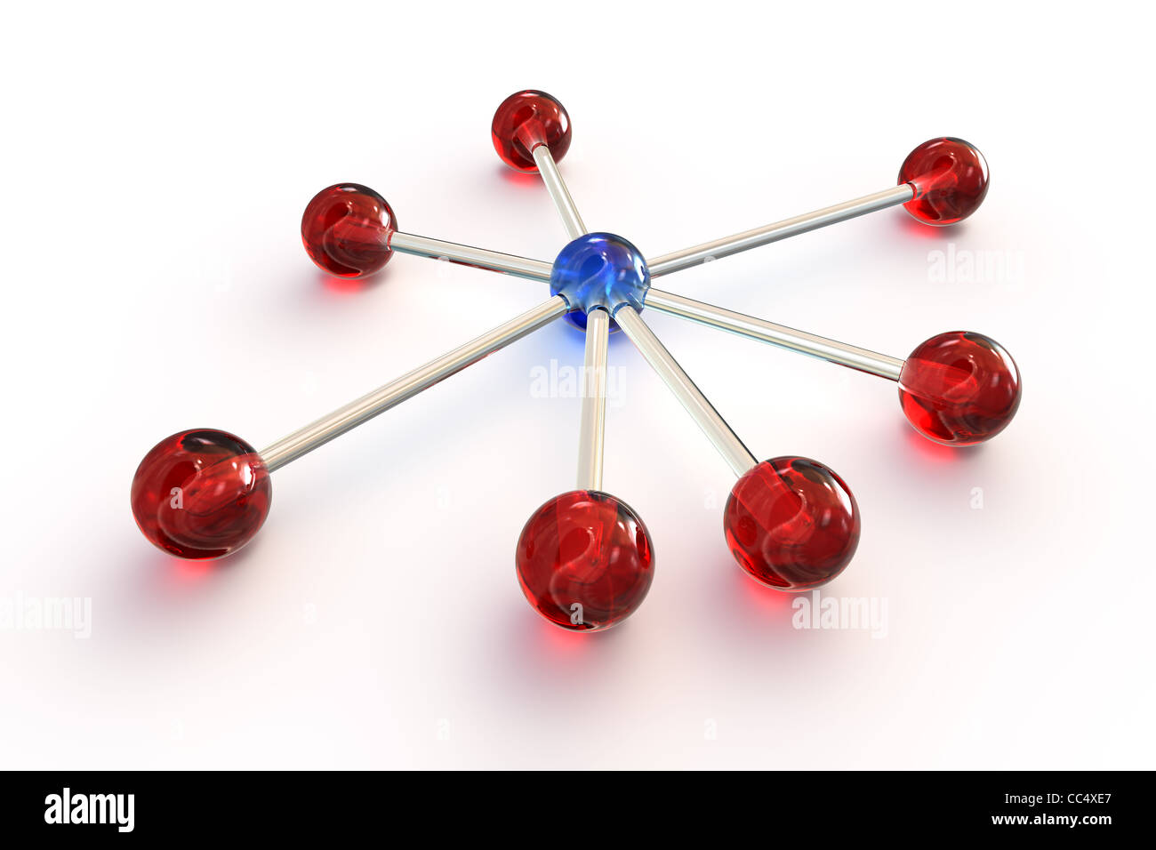 Seven red transparent balls connected to a blue transparent ball Stock Photo