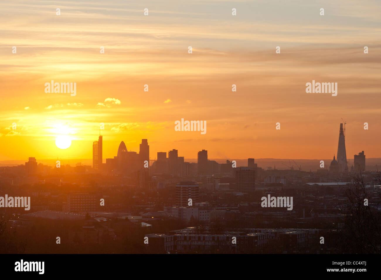 London cityscape at dawn seen from Parliament Hill aka Kite Hill, Hampstead Heath, London, UK Stock Photo