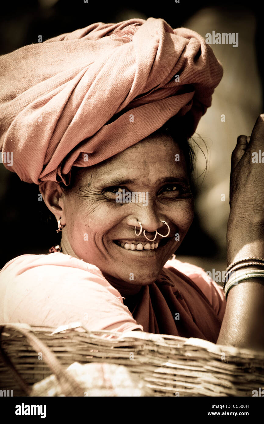 Portrait of a Desia Kondh Tribeswoman at Kunduli market near Koraput in Orissa, Eastern India. Stock Photo