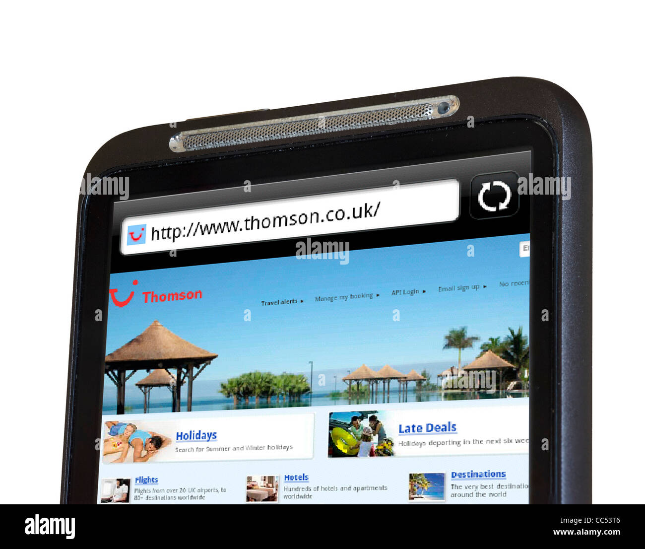Browsing the Thomson Holidays website on an HTC smartphone Stock Photo