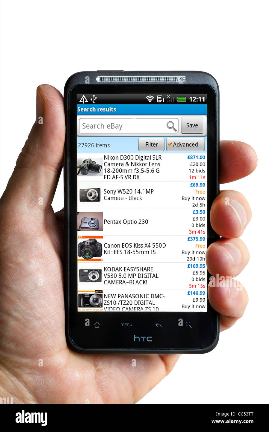 Using the ebay app on an HTC smartphone to look at digital cameras Stock Photo